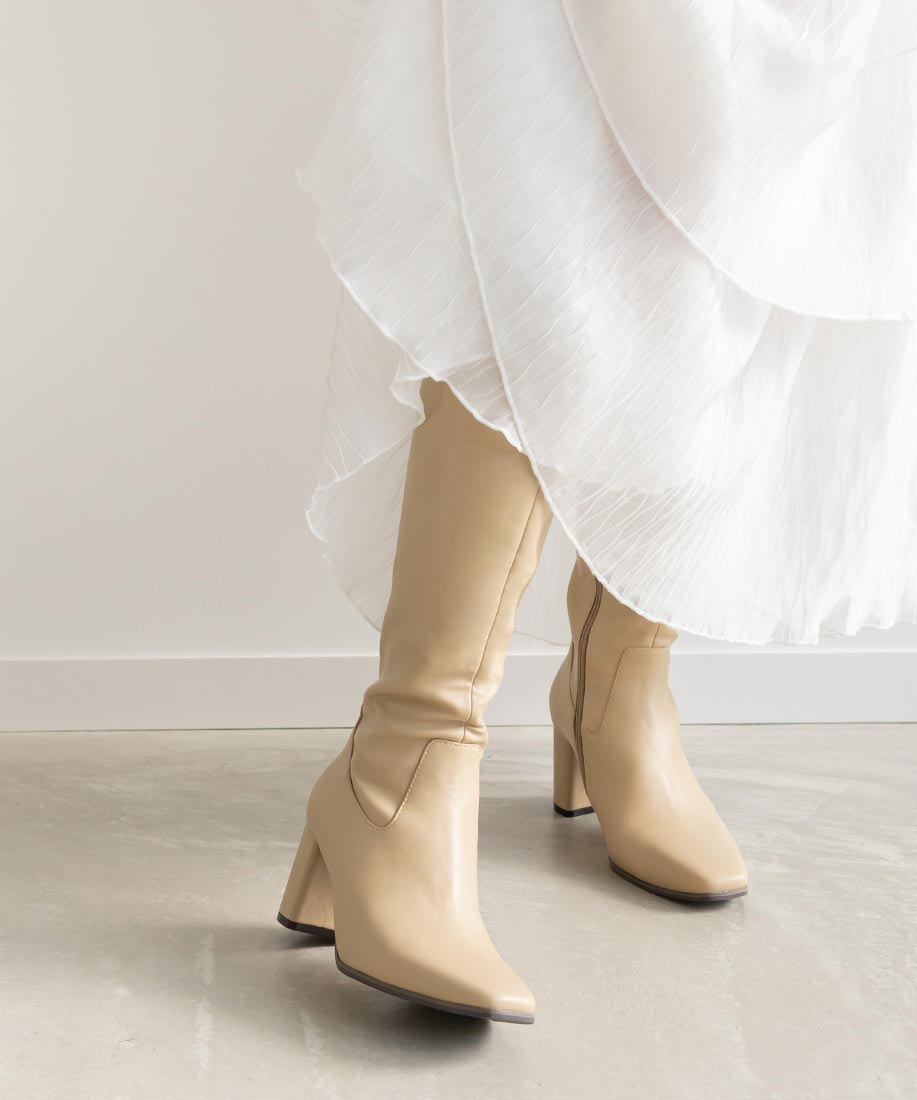 ランダ RANDA 晴雨兼用 スクエアトゥロングブーツ (BEIGE) BEIGE