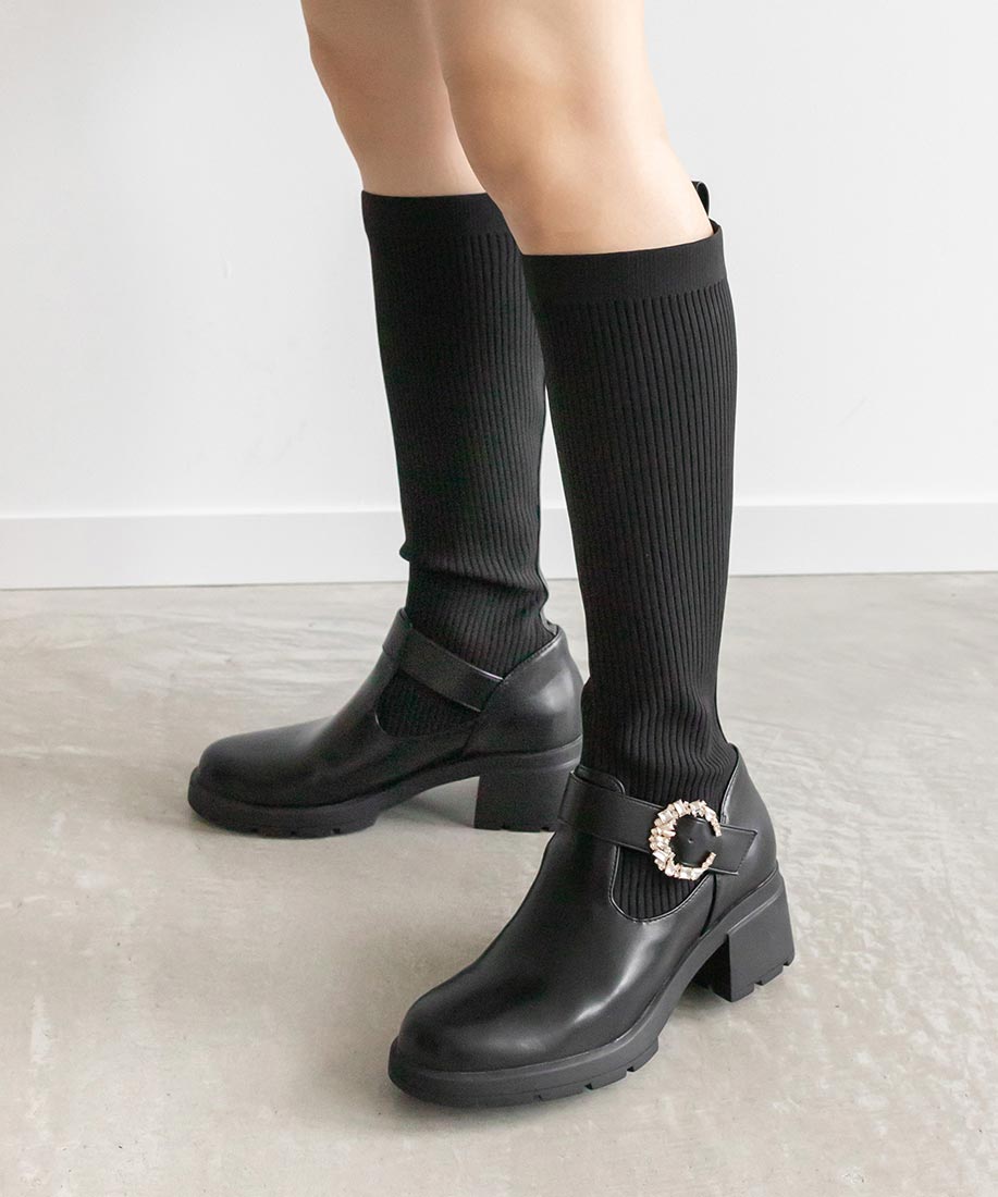 ランダ RANDA 晴雨兼用 2WAY パーツベルトソックスコンビロングブーツ (BLACK) BLACK