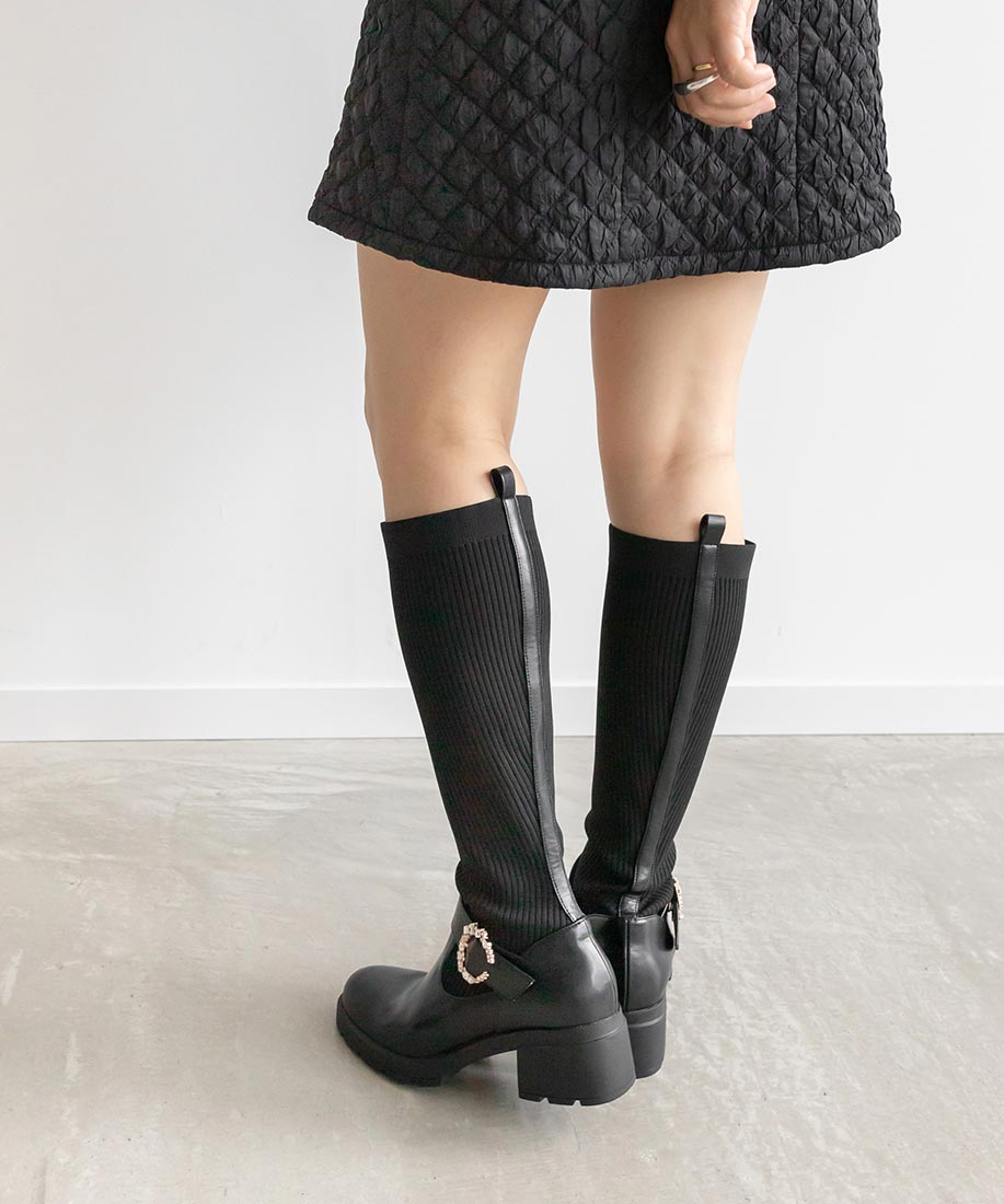 ランダ RANDA 晴雨兼用 2WAY パーツベルトソックスコンビロングブーツ (BLACK) BLACK