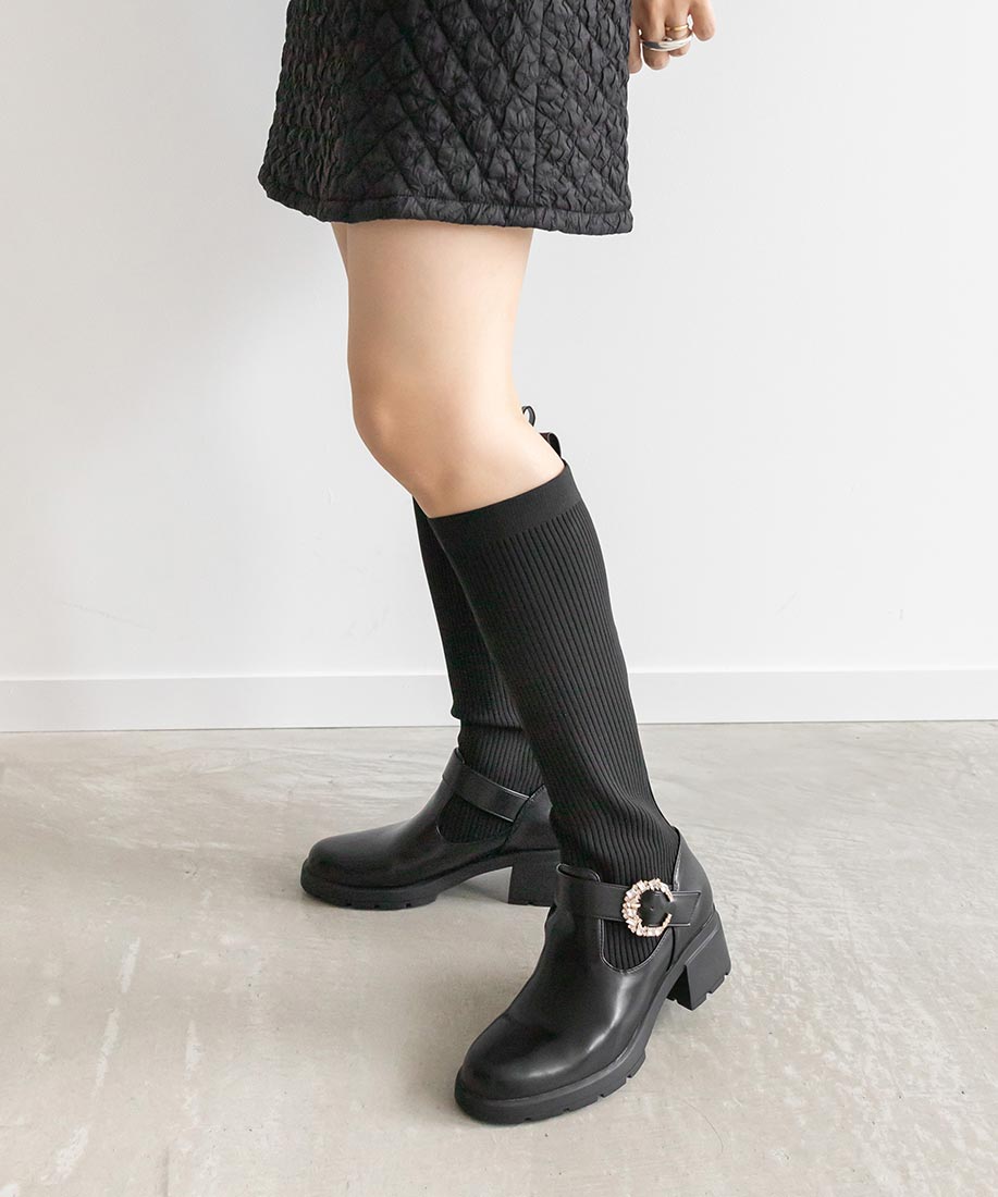 ランダ RANDA 晴雨兼用 2WAY パーツベルトソックスコンビロングブーツ (BLACK) BLACK