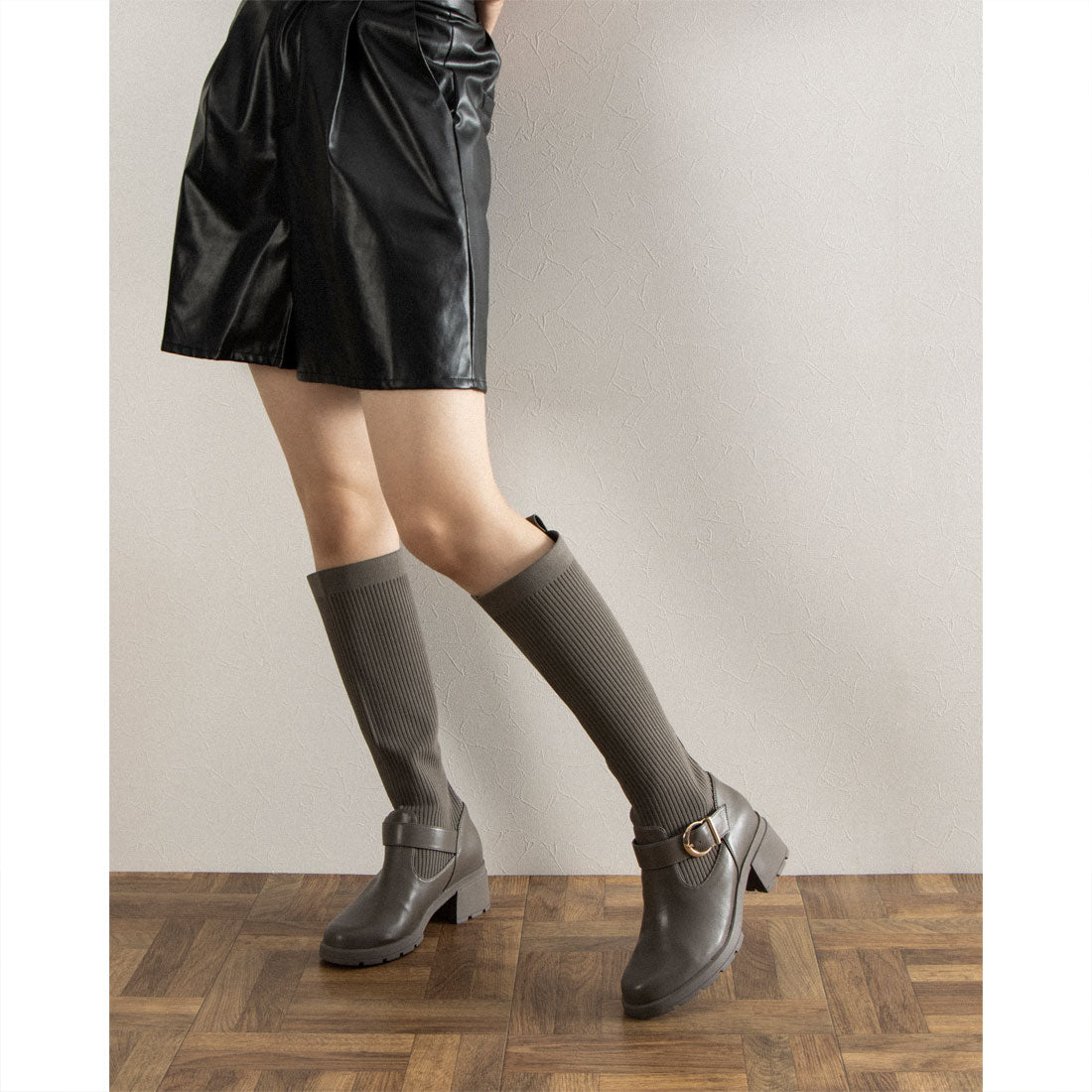 ランダ RANDA 晴雨兼用 2WAY パーツベルトソックスコンビロングブーツ (BLACK) BLACK