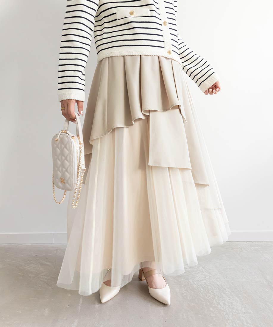 ランダ RANDA チュールドッキングフレアスカート (BEIGE) BEIGE