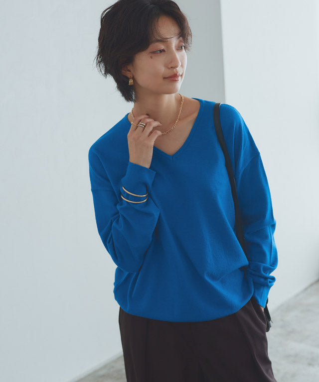 ラス RASW ビスコースVネックルーズニット (ブルー) ブルー