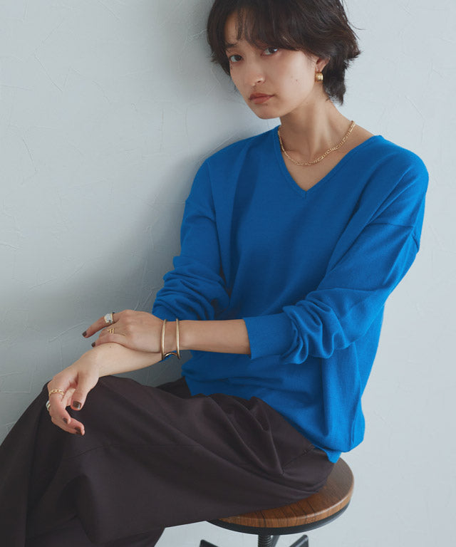 ラス RASW ビスコースVネックルーズニット (ブルー) ブルー