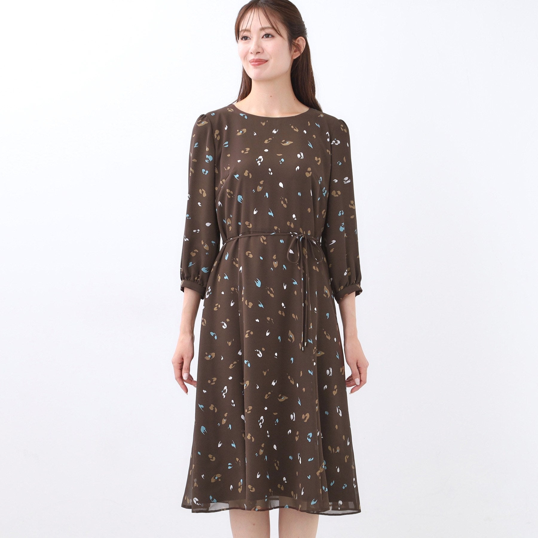 リフレクト Reflect 【ウエストリボン付き】フレアプリントワンピース (ネイビー(194)) ネイビー(194)