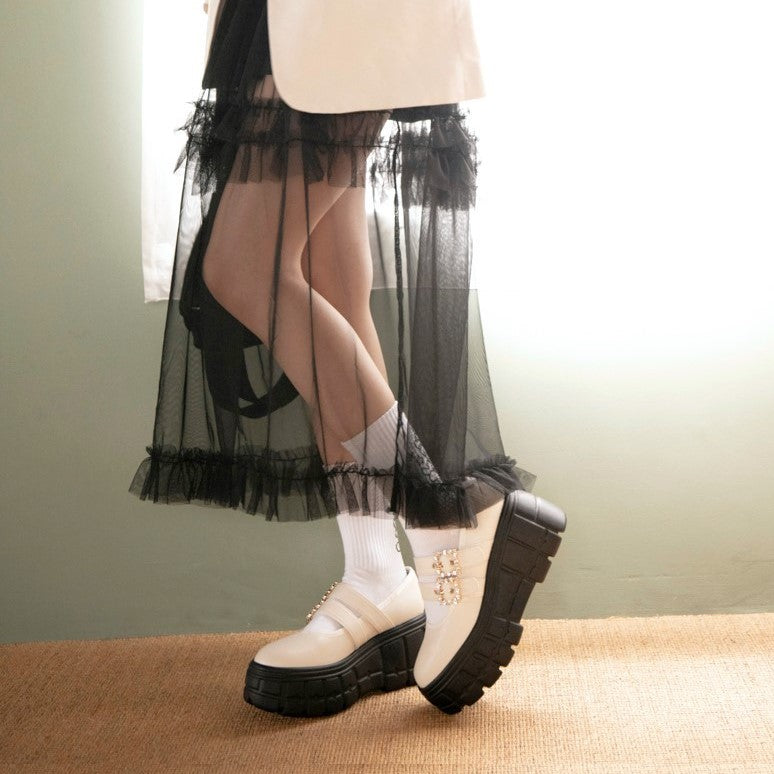 アールアンドイー R&E 【R&E】ビジューバックルストラップ厚底シューズ (アイボリー) アイボリー