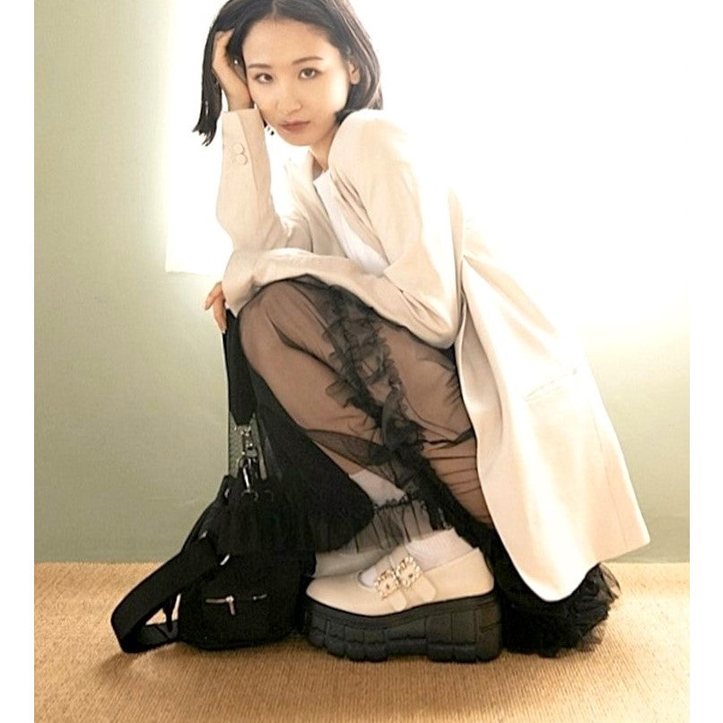 アールアンドイー R&E 【R&E】ビジューバックルストラップ厚底シューズ (アイボリー) アイボリー