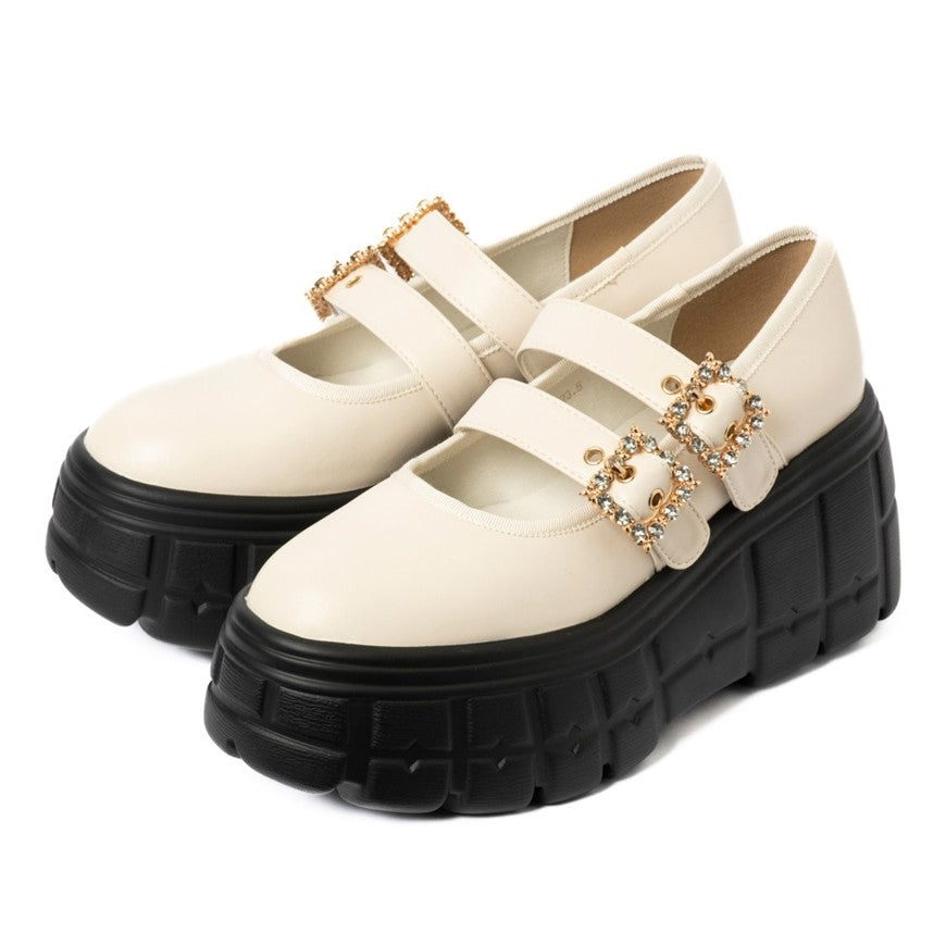 アールアンドイー R&E 【R&E】ビジューバックルストラップ厚底シューズ (アイボリー) アイボリー