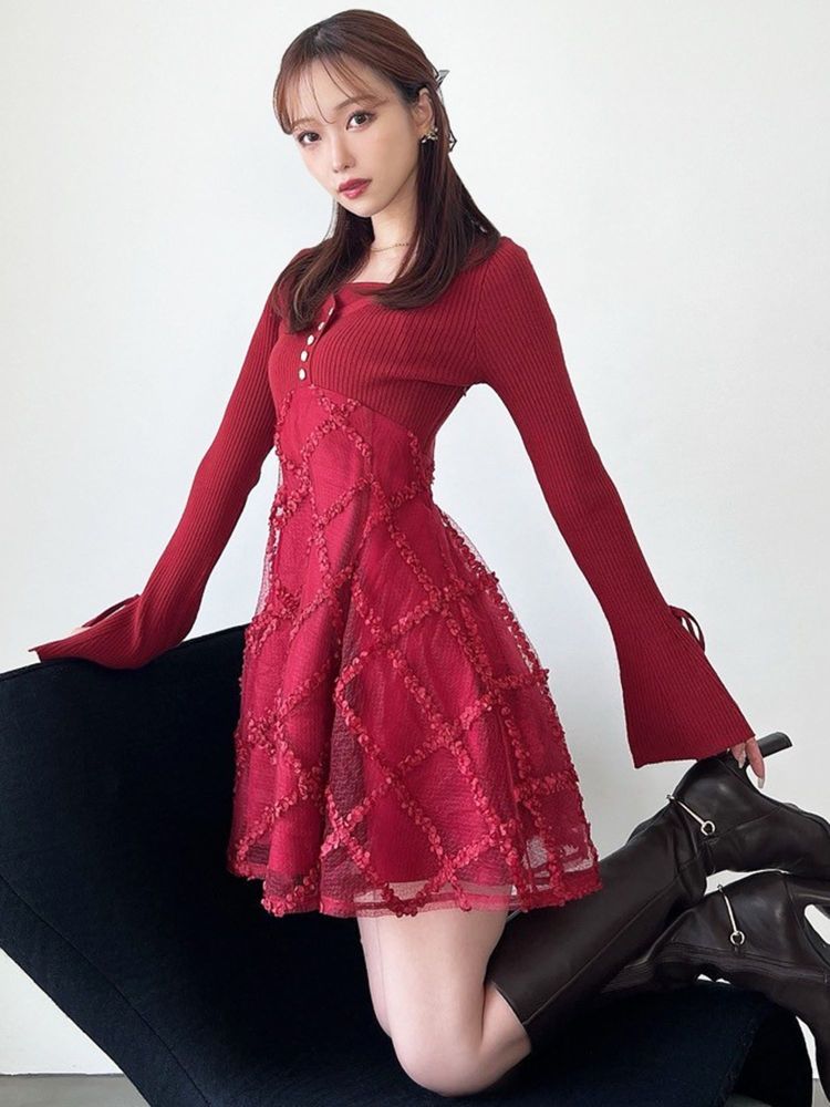 リゼクシー RESEXXY ドッキングフレアミニニットワンピース (レッド) レッド