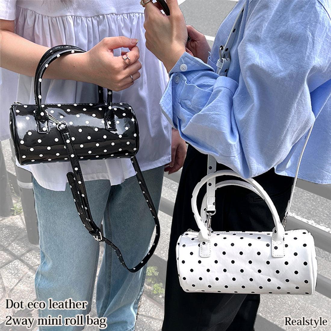 リアルスタイル REAL STYLE ショルダーバッグ ハンドバッグ レディース 軽い 革 フェイクレザー ミニ ボストン ポーチ 小さめ 2way 斜めがけ おしゃれ ドット シリンダーバッグ (ブラック) ブラック