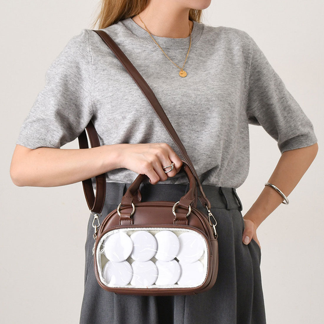 リアルスタイル REAL STYLE 痛バッグ ショルダーバッグ ミニリュック ボストン 痛バ 小さめ ミニ痛バ おしゃれ ハンドバッグ 缶バッジ クリア 透明 レディース 軽い 推し活 3way フェイクレザー (ホワイト) ホワイト