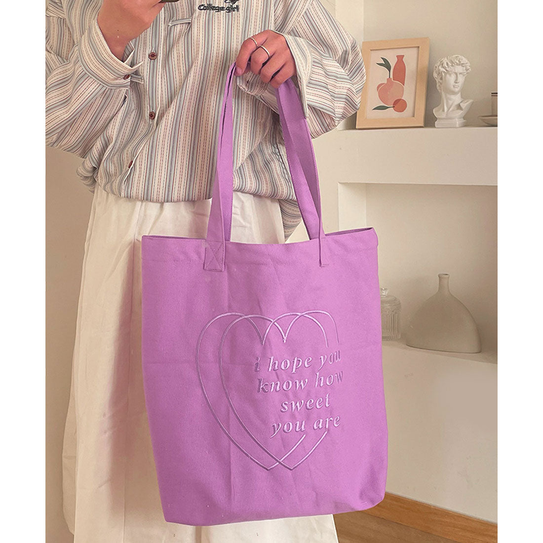 リアルスタイル REAL STYLE トートバッグ レディース A4 B4 大きめ 大容量 帆布 キャンバス 軽い 軽量 肩掛け 手提げ マチ付き マチ広 推し活 ハート 刺繍 (パープル) パープル