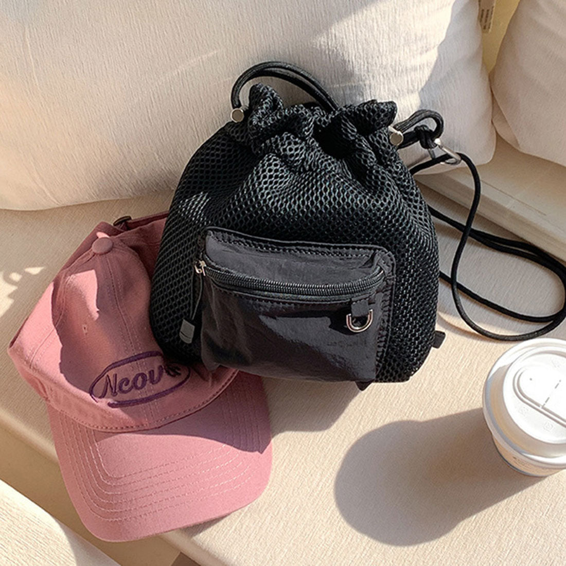 リアルスタイル REAL STYLE ショルダーバッグ レディース 巾着バッグ 巾着ショルダー 軽い 小さめ 斜めがけ メッシュ ポーチ 小物入れ バケツ型 ミニ 肩掛け おしゃれ (ブラック) ブラック