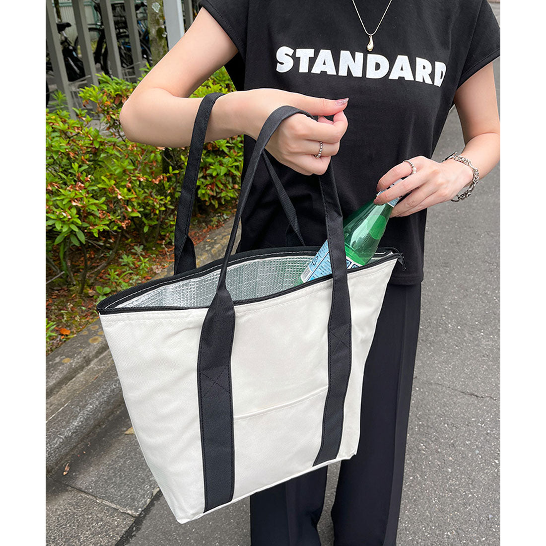 リアルスタイル REAL STYLE エコバッグ 保冷 保温 大容量 ファスナー付き おしゃれ マチ広 マチ付き A3 大きめ トートバッグ マイバッグ 買い物 レディース メンズ (ブラック) ブラック