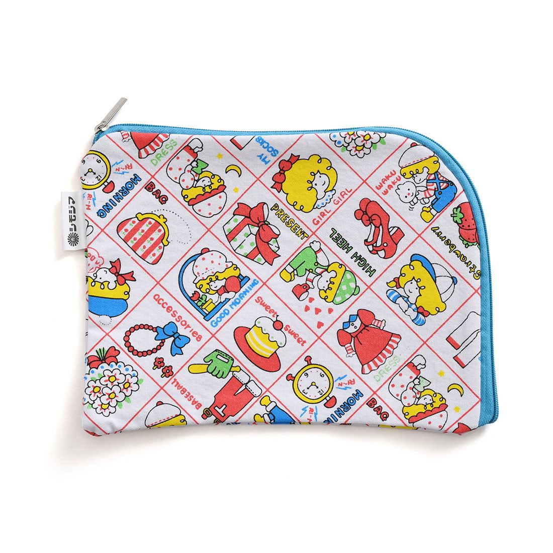 リアルスタイル REAL STYLE ポーチ 小物入れ 大きめ フラット ファスナー 収納 おしゃれ かわいい レトロ スクエア 化粧 メイク サニタリー ナプキン コットン 綿 (ブルー(モーニング)) ブルー(モーニング)