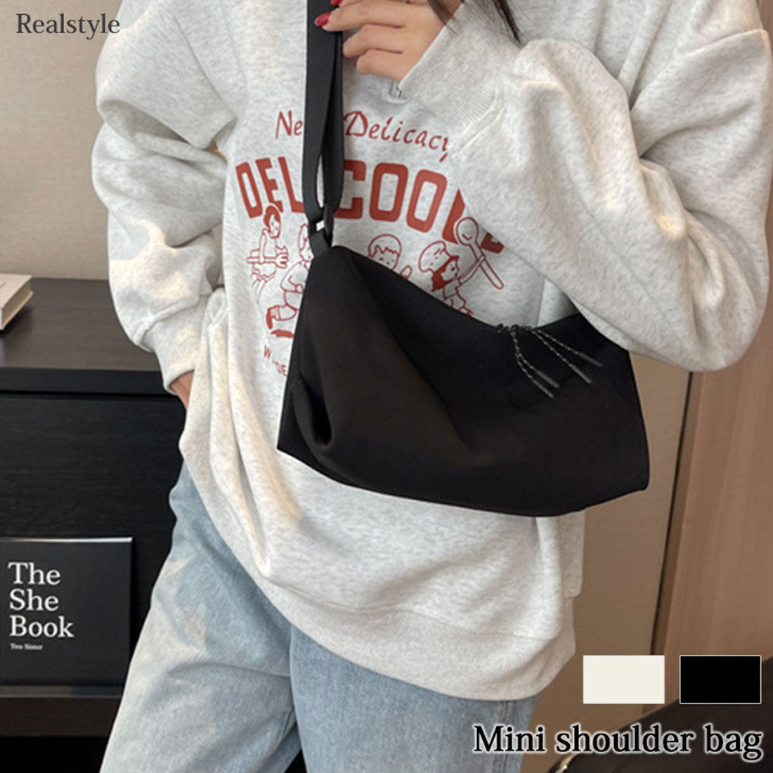 リアルスタイル REAL STYLE ショルダーバッグ レディース メンズ 軽い 軽量 小さめ 斜めがけ ナイロン 横型 スクエア ミニ 無地 カジュアル 自転車 旅行 韓国 (ホワイト) ホワイト