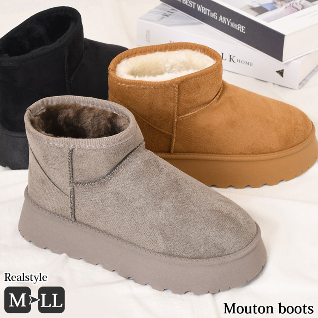 リアルスタイル REAL STYLE ムートンブーツ レディース 厚底 ショート フェイクファー 冬 おしゃれ かわいい カジュアル お出かけ 防寒対策 暖かい 歩きやすい