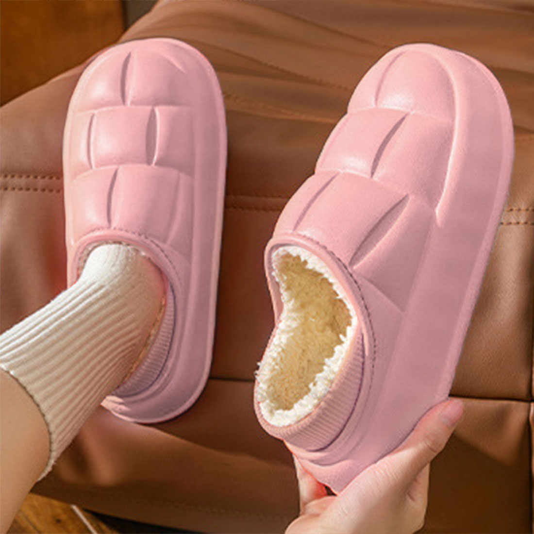 リアルスタイル REAL STYLE 沙灘拖鞋 女士 厚底 毛絨 鞋子 懶人鞋 拖鞋 冬季 外穿 室內 有跟 鞋面鞋 輕量 防寒 保暖 暖和