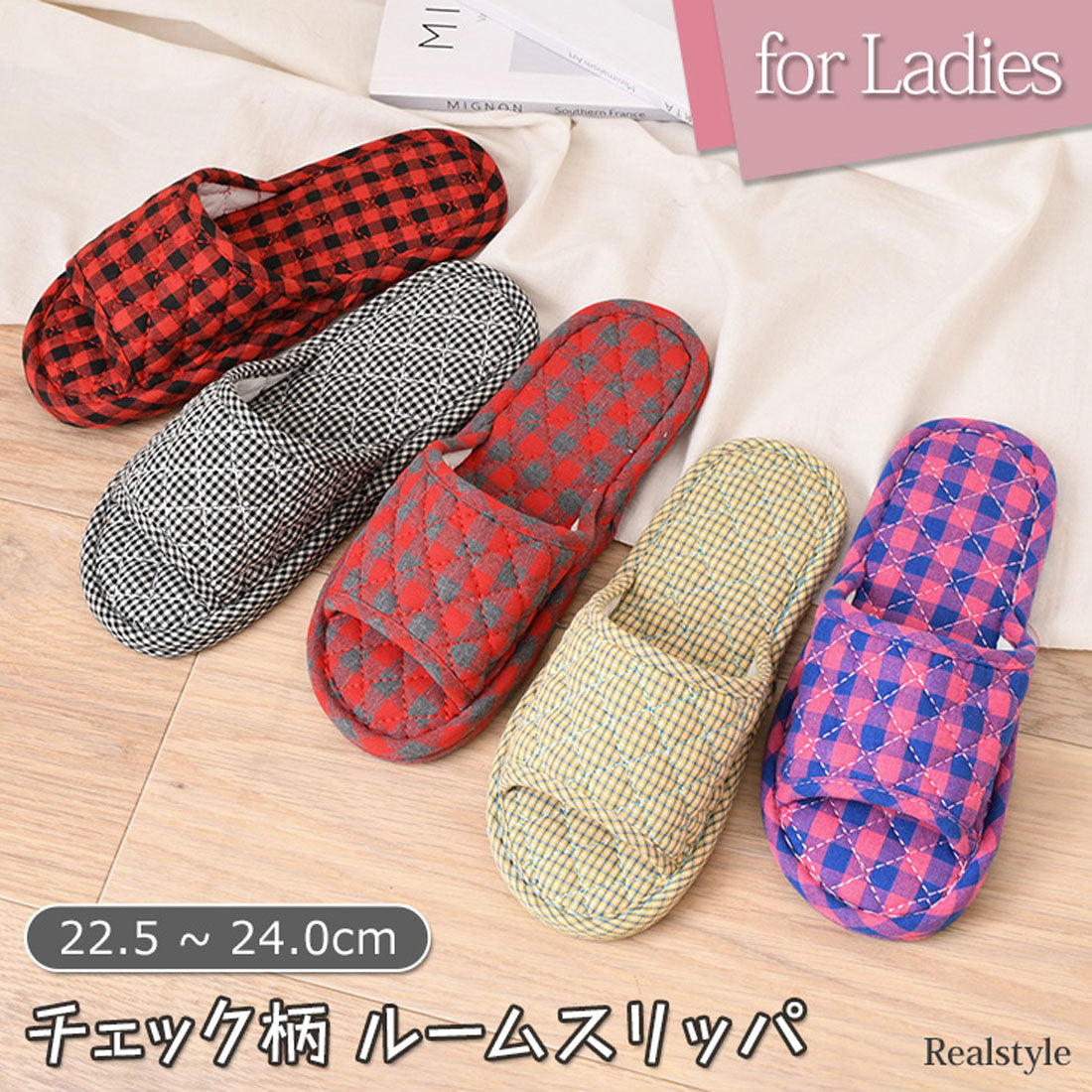 Real Style Slippers Indoor Women's Room Shoes Spring Summer Autumn Winter Stylish Guest Use Non-Slip Front Opening Cushion Sandals Lightweight Cute Check Room