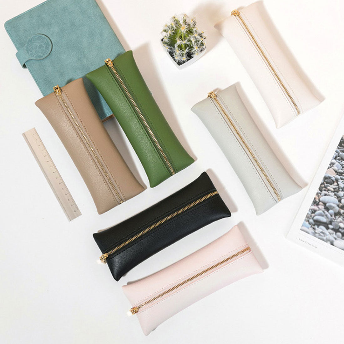 Real Style Pen Case Slim Leather Synthetic Leather Korean Stylish Adult Simple Student Boys Girls Middle School High School University Business Office Water-Repellent Synthetic Leather
