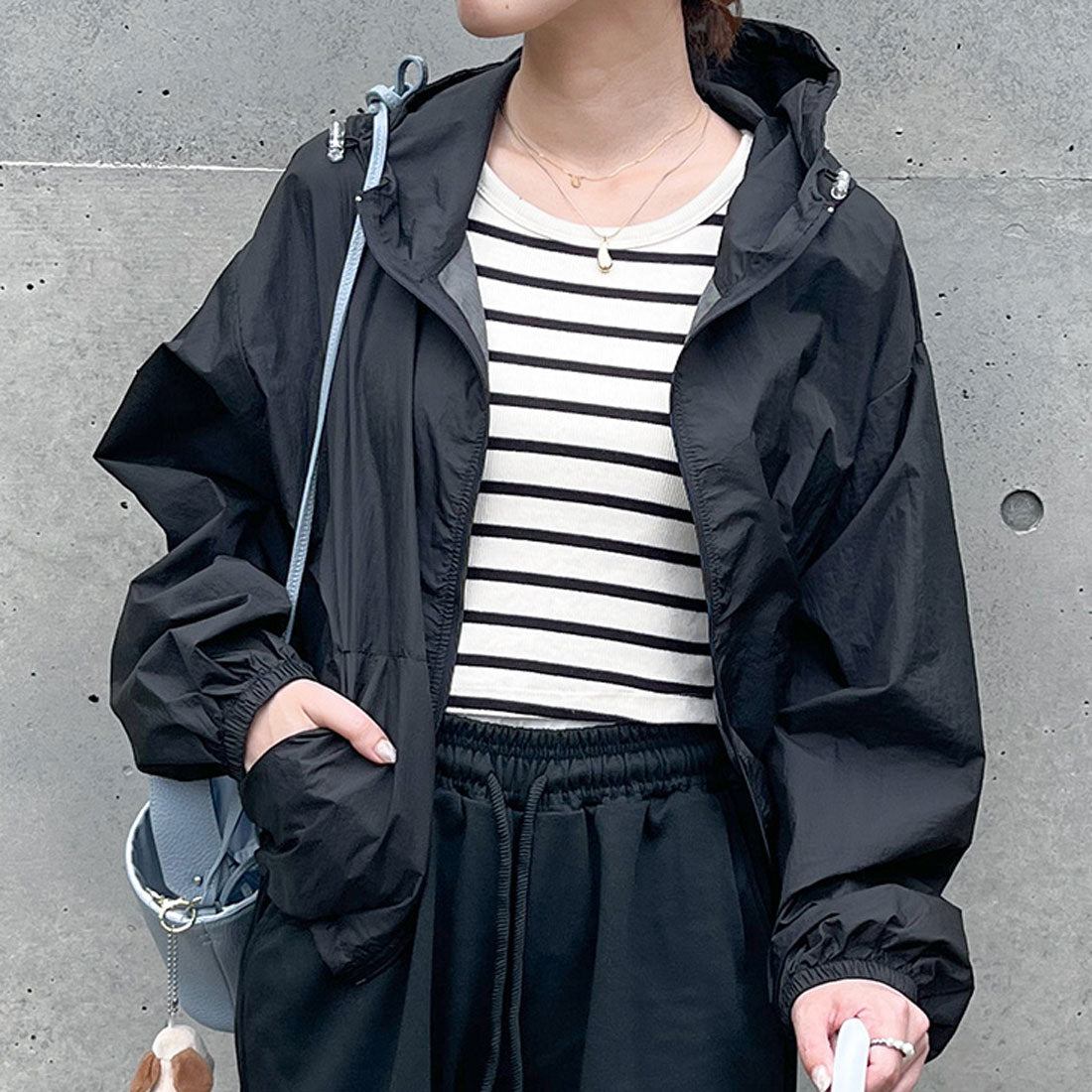 リアルスタイル REAL STYLE パーカー レディース 薄手 夏 撥水 長袖 レインコート レインウェア 雨具 前開き アウター ブルゾン ジャンパー 羽織り アウトドア (ブラック) ブラック