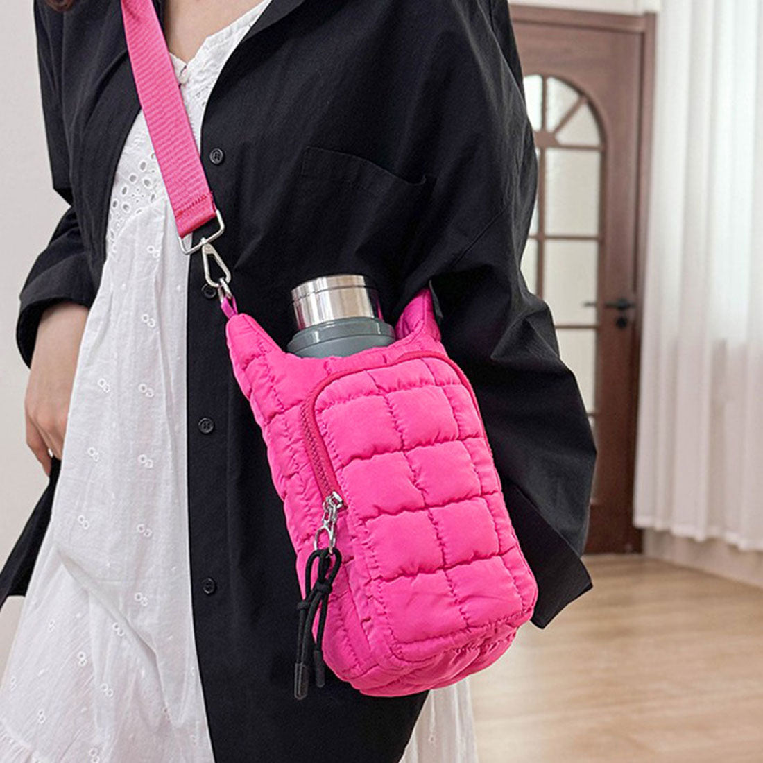 リアルスタイル REAL STYLE ペットボトルホルダー 水筒カバー スマホポーチ ケース ショルダー 斜めがけ ポケット キルティング パフ おしゃれ かわいい キッズ 大人 (ピンク) ピンク