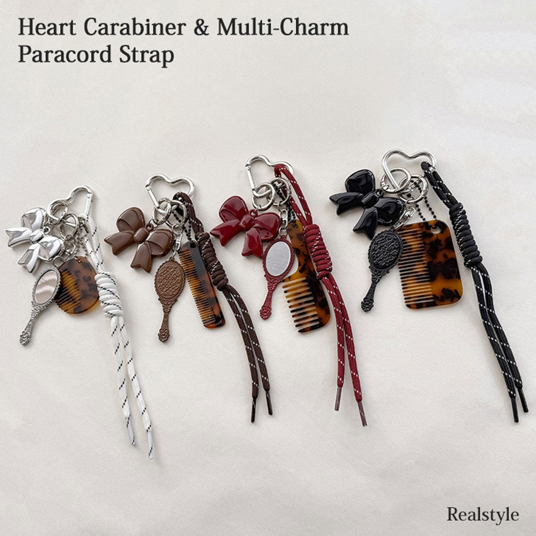 リアルスタイル REAL STYLE ストラップ バッグチャーム パラコード レディース じゃらじゃら キーホルダー おしゃれ 鍵 ハート リボン べっ甲風 ミラー コーム 雑貨 (ブラウン) ブラウン