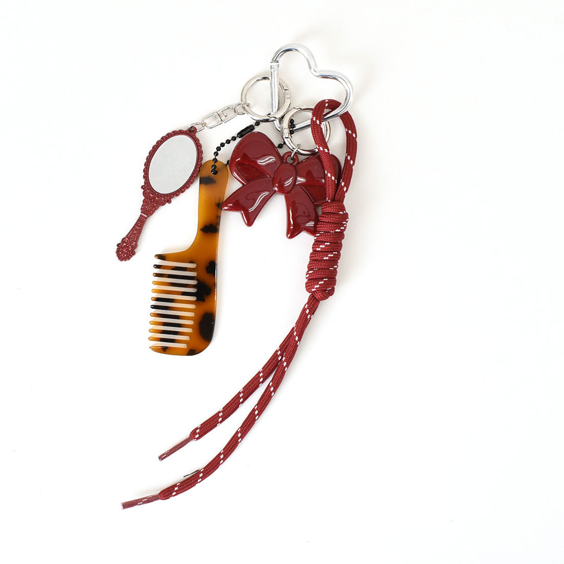 リアルスタイル REAL STYLE ストラップ バッグチャーム パラコード レディース じゃらじゃら キーホルダー おしゃれ 鍵 ハート リボン べっ甲風 ミラー コーム 雑貨 (ワインレッド) ワインレッド