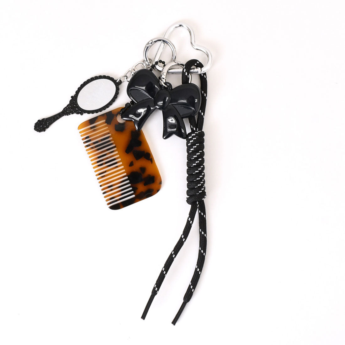 リアルスタイル REAL STYLE ストラップ バッグチャーム パラコード レディース じゃらじゃら キーホルダー おしゃれ 鍵 ハート リボン べっ甲風 ミラー コーム 雑貨 (ブラック) ブラック