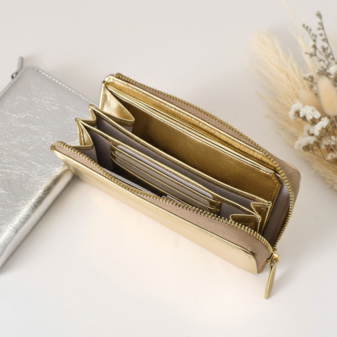 リアルスタイル REAL STYLE 長財布 レディース 大容量 軽量 薄い 財布 ロングウォレット コンパクト L字ファスナー 仕切り 小銭入れ 札入れ カード入れ メタリック おしゃれ (ゴールド) ゴールド