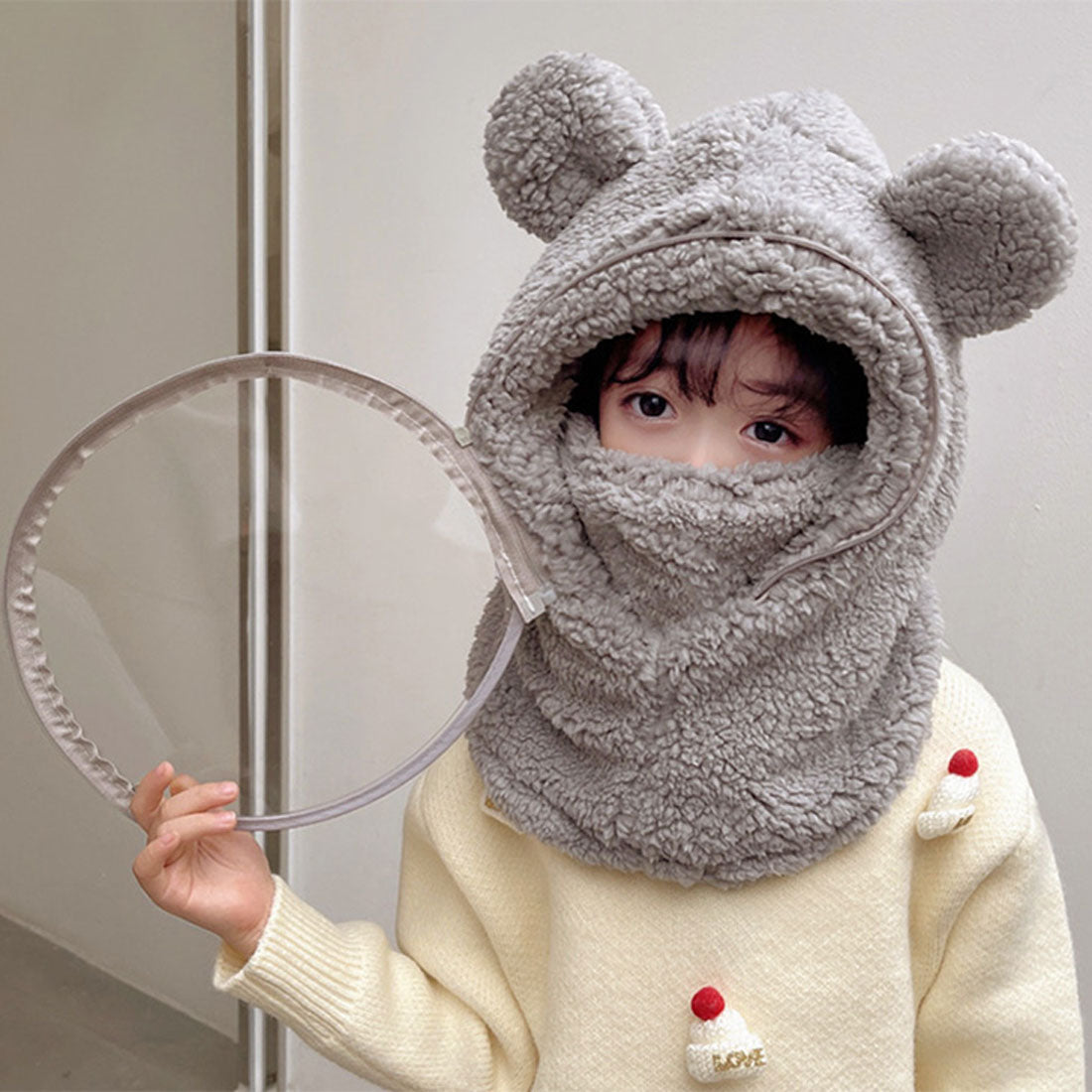 リアルスタイル REAL STYLE バラクラバ フードネックウォーマー 防寒 おしゃれ 冬用 子供 レディース キッズ 耳付き スヌード マスク もこもこ 暖かい フェイス,グレー