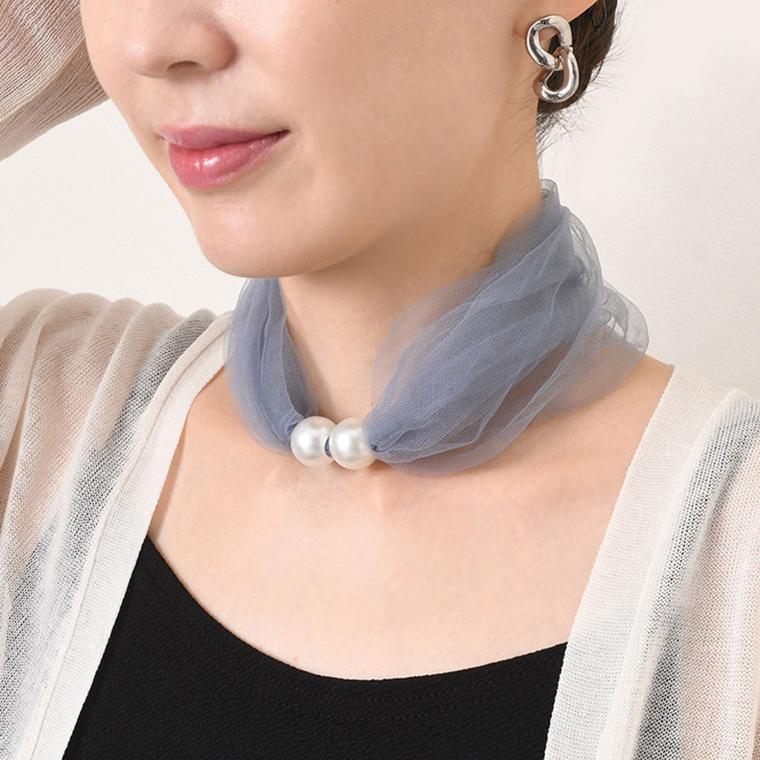 REAL STYLE 圍巾頸套夏季防紫外線女式項圈假珍珠薄紗透明可愛時尚遮陽防寒頸部皺紋遮蓋