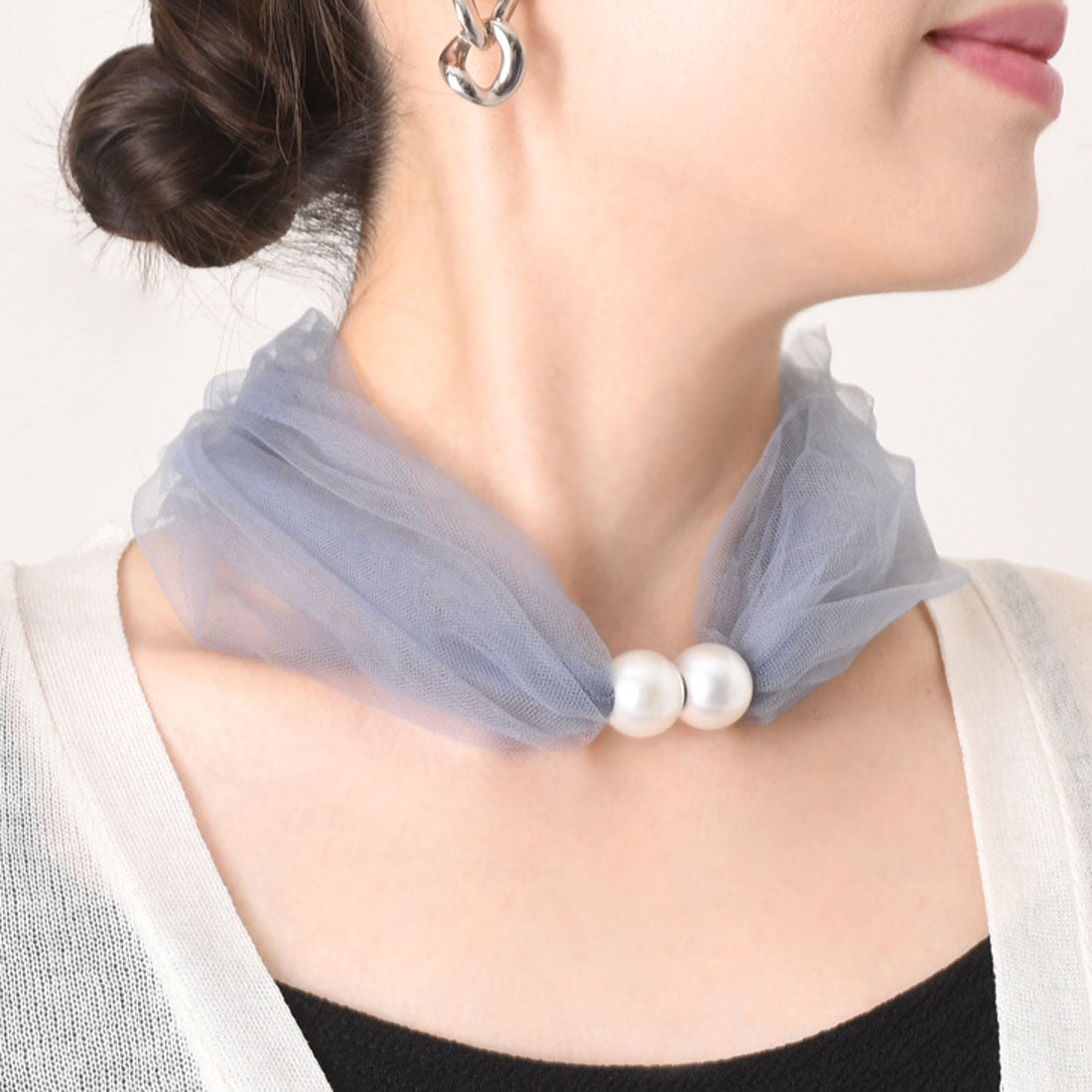 REAL STYLE 圍巾頸套夏季防紫外線女式項圈假珍珠薄紗透明可愛時尚遮陽防寒頸部皺紋遮蓋