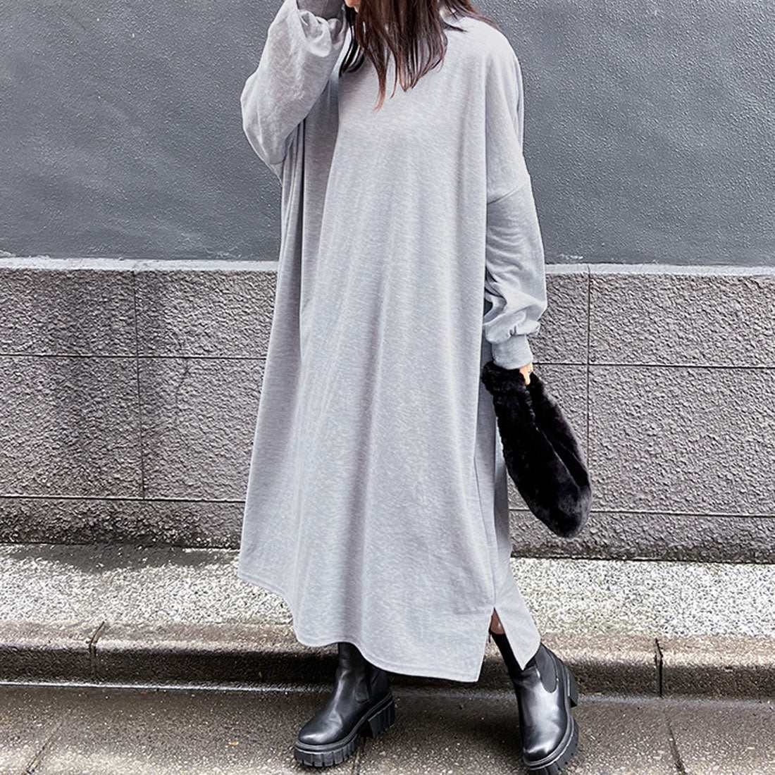 リアルスタイル REAL STYLE ワンピース レディース 春 秋 長袖 薄手 ロング丈 マキシ丈 ゆったり 大きいサイズ 体型カバー フレア カジュアル 無地 シンプル 韓国ファッション チンチャコリア,グレー