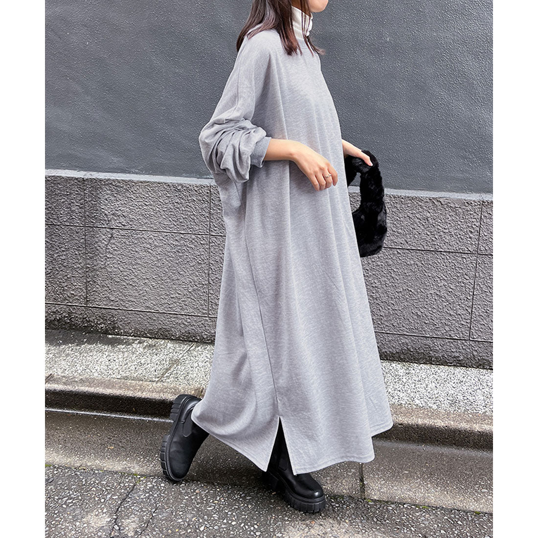 リアルスタイル REAL STYLE ワンピース レディース 春 秋 長袖 薄手 ロング丈 マキシ丈 ゆったり 大きいサイズ 体型カバー フレア カジュアル 無地 シンプル 韓国ファッション チンチャコリア