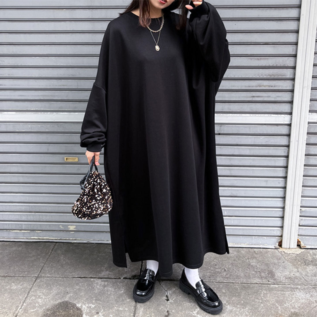 リアルスタイル REAL STYLE ワンピース レディース 春 秋 長袖 薄手 ロング丈 マキシ丈 ゆったり 大きいサイズ 体型カバー フレア カジュアル 無地 シンプル 韓国ファッション チンチャコリア,ブラック