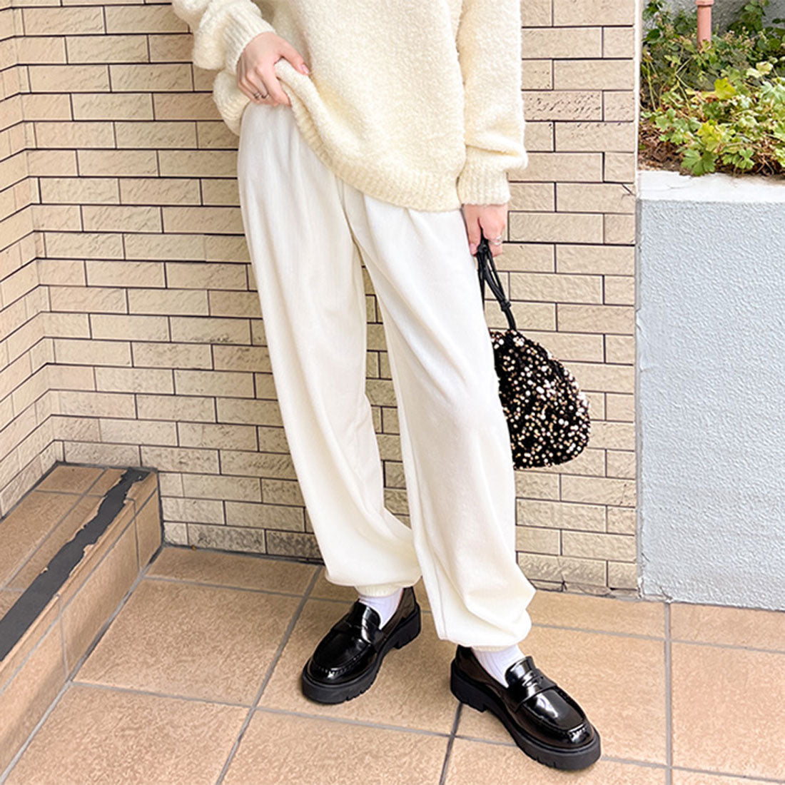 リアルスタイル REAL STYLE ジョガーパンツ レディース コーデュロイ 秋 冬 暖かい 防寒 寒さ対策 柔らかい ウエストゴム 伸縮性 かわいい 通勤 通学 部屋着 楽ちん,アイボリー