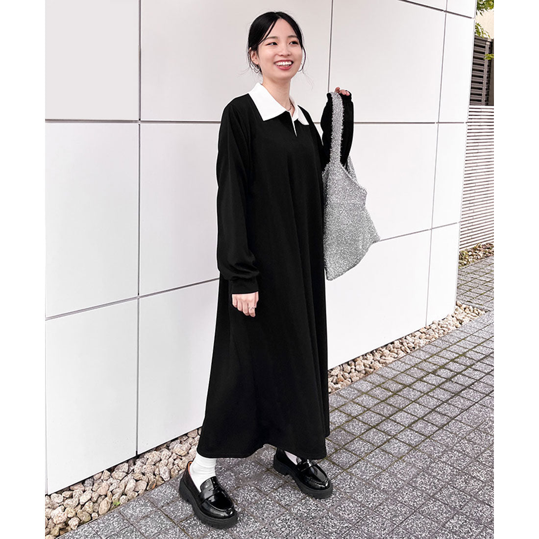 リアルスタイル REAL STYLE ワンピース レディース 秋 春 冬 長袖 ロング マキシ エンボス 襟付き キーネック きれいめ 速乾 楽ちん 体型カバー ゆったり Vネック 韓国ファッション チンチャコリア