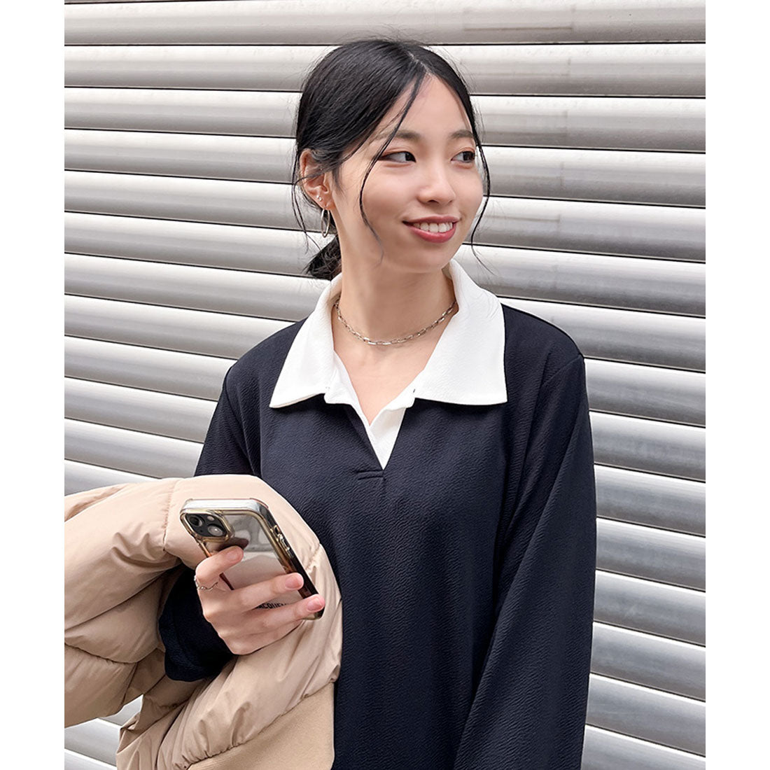 リアルスタイル REAL STYLE ワンピース レディース 秋 春 冬 長袖 ロング マキシ エンボス 襟付き キーネック きれいめ 速乾 楽ちん 体型カバー ゆったり Vネック 韓国ファッション チンチャコリア