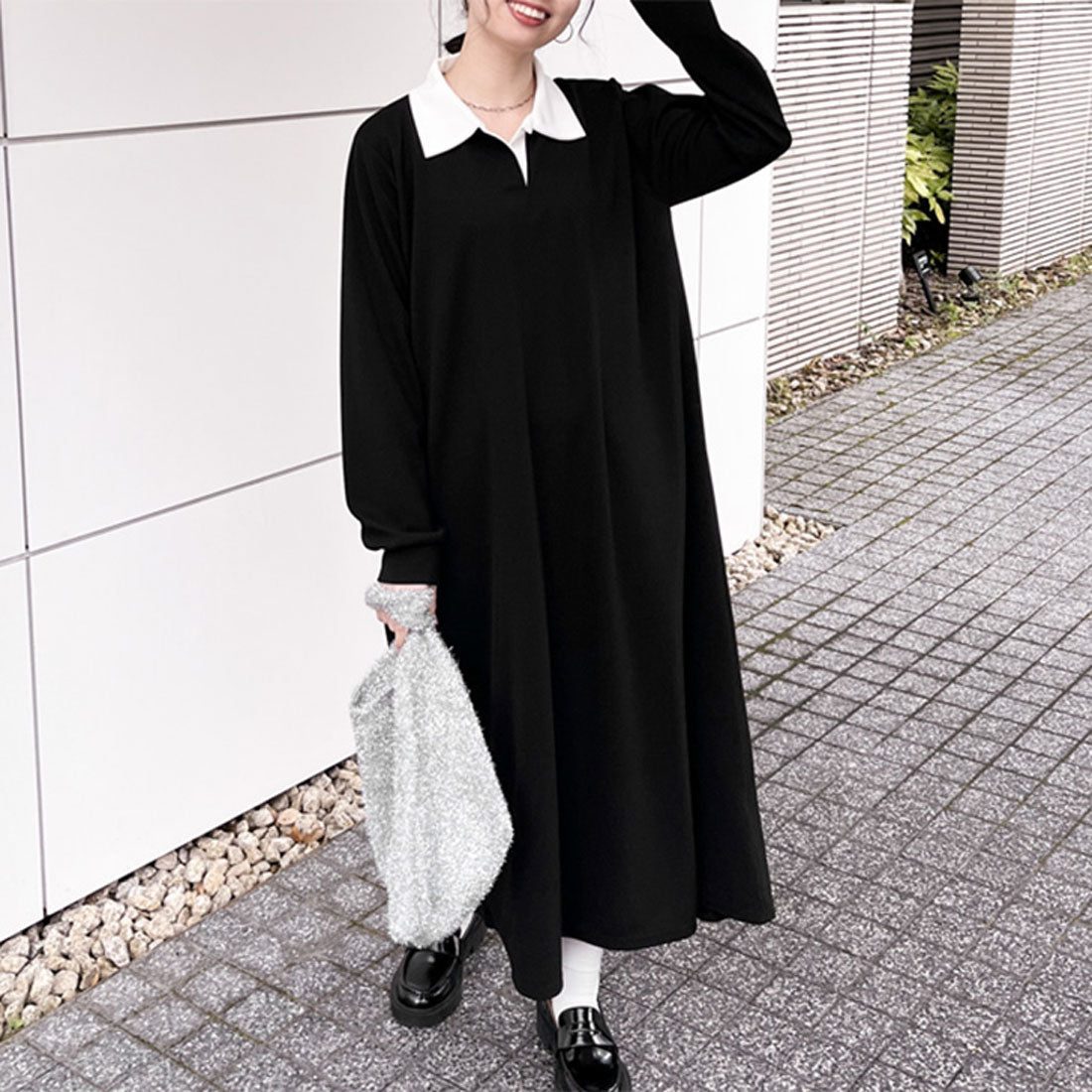 リアルスタイル REAL STYLE ワンピース レディース 秋 春 冬 長袖 ロング マキシ エンボス 襟付き キーネック きれいめ 速乾 楽ちん 体型カバー ゆったり Vネック 韓国ファッション チンチャコリア