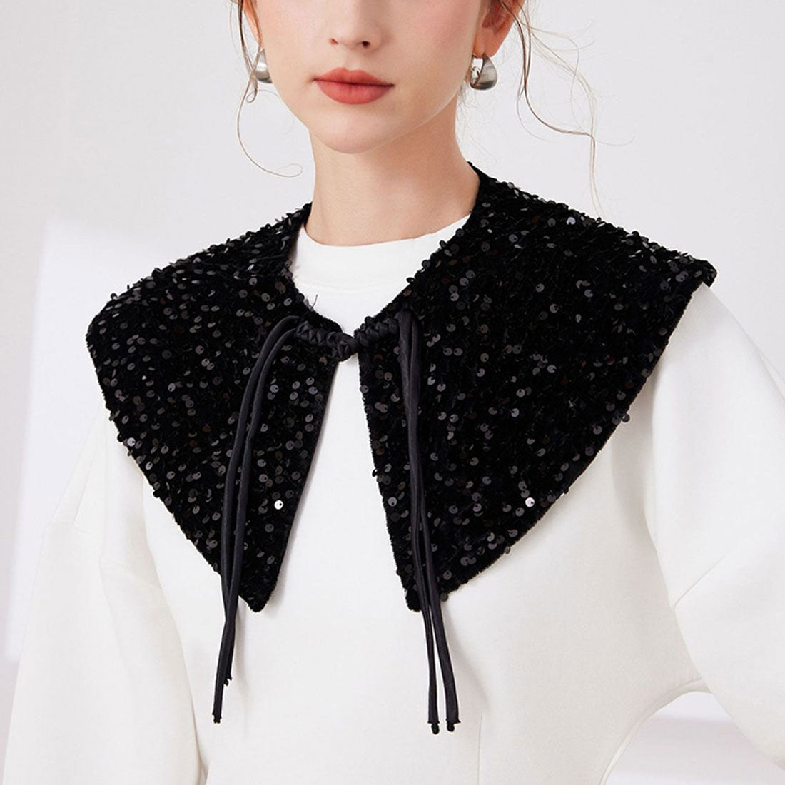 Real Style Detachable Collar for Women black Inner Blouse Shirt Ribbon Big Collar Sequin Layering Versatile Fashion Cute Wedding