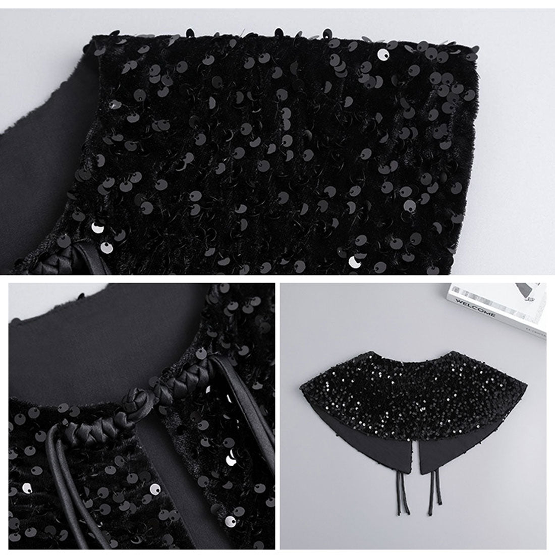 Real Style Detachable Collar for Women black Inner Blouse Shirt Ribbon Big Collar Sequin Layering Versatile Fashion Cute Wedding