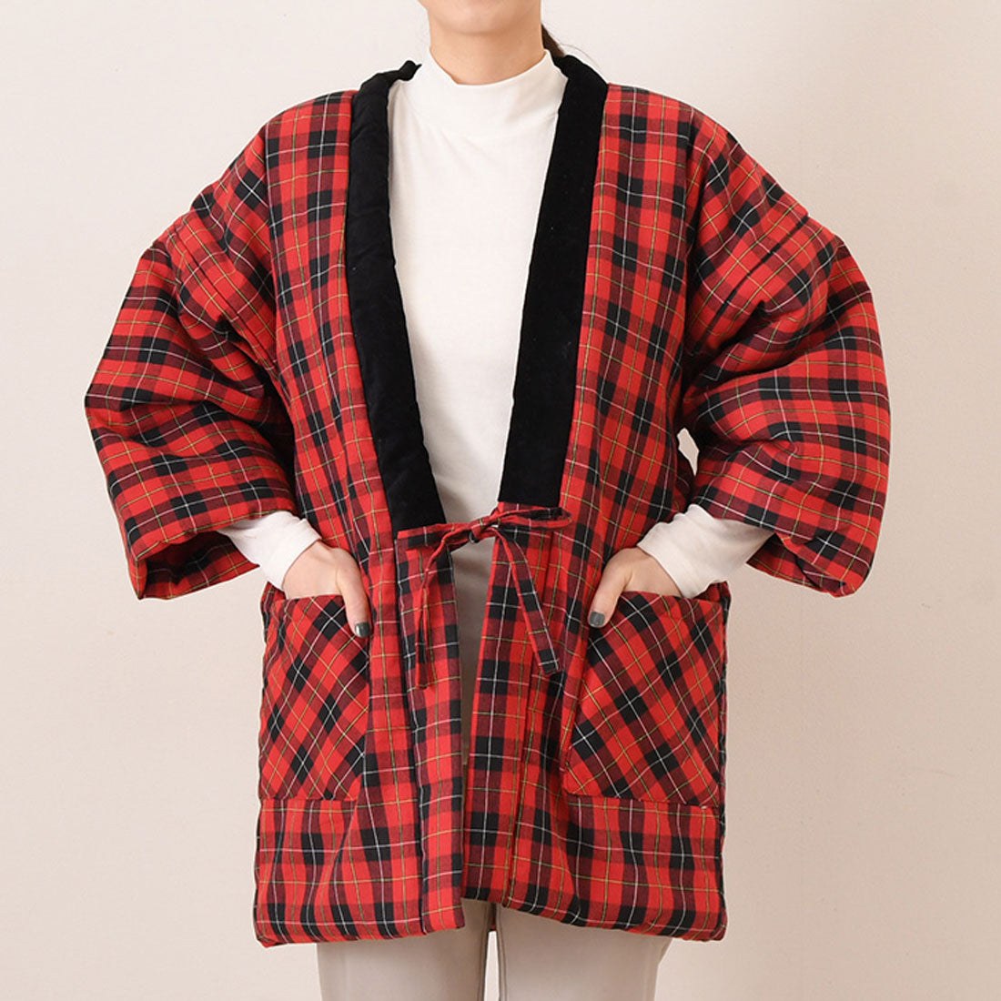 リアルスタイル REAL STYLE 和服 羽織 女士 時尚 半纏 半てん 半天 袢纏 防寒 冬季 中綿 綿混 綿入 綿被 暖和 長袖 羽織 居家服 寬鬆 どてら ちゃんちゃんこ 口袋 重疊穿搭