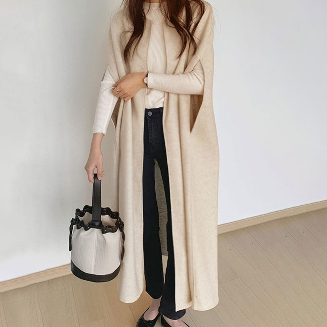 真實風格 REAL STYLE 披肩外套 女士 長款 秋冬春 薄款 大碼 無領 外套 優雅 保暖 斗篷 通勤 通學 上衣 披風