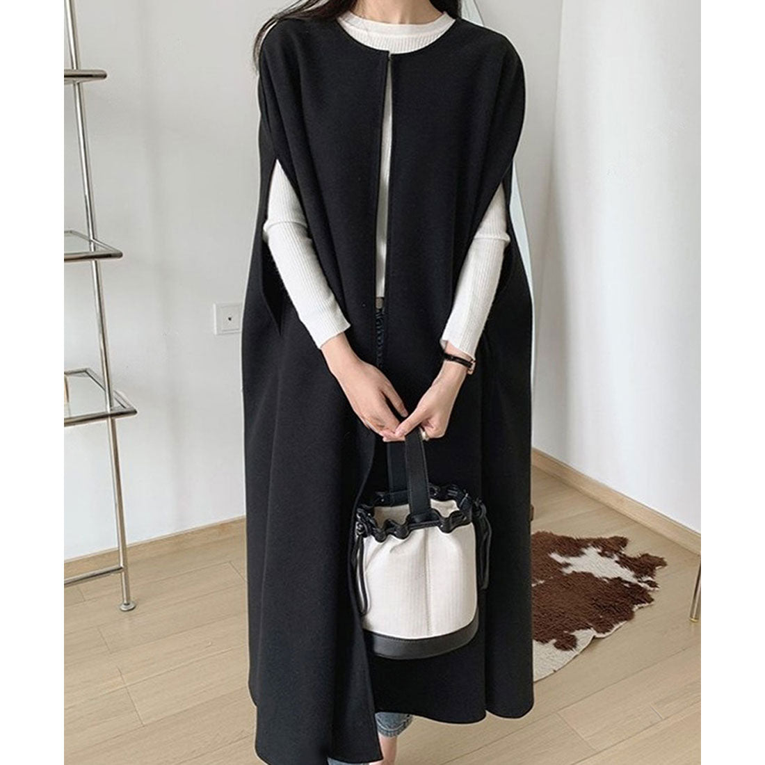 真實風格 REAL STYLE 披肩外套 女士 長款 秋冬春 薄款 大碼 無領 外套 優雅 保暖 斗篷 通勤 通學 上衣 披風