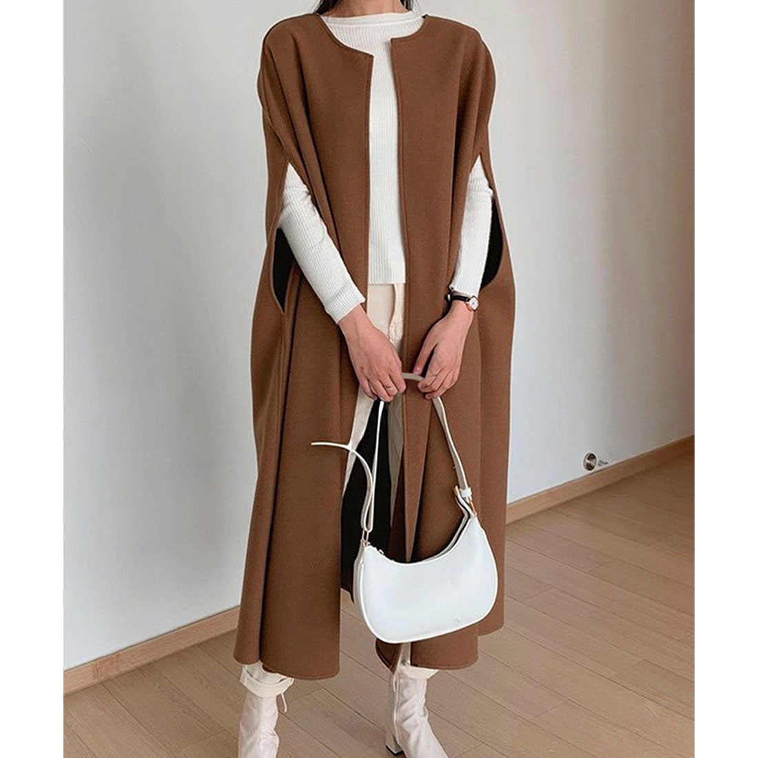 真實風格 REAL STYLE 披肩外套 女士 長款 秋冬春 薄款 大碼 無領 外套 優雅 保暖 斗篷 通勤 通學 上衣 披風