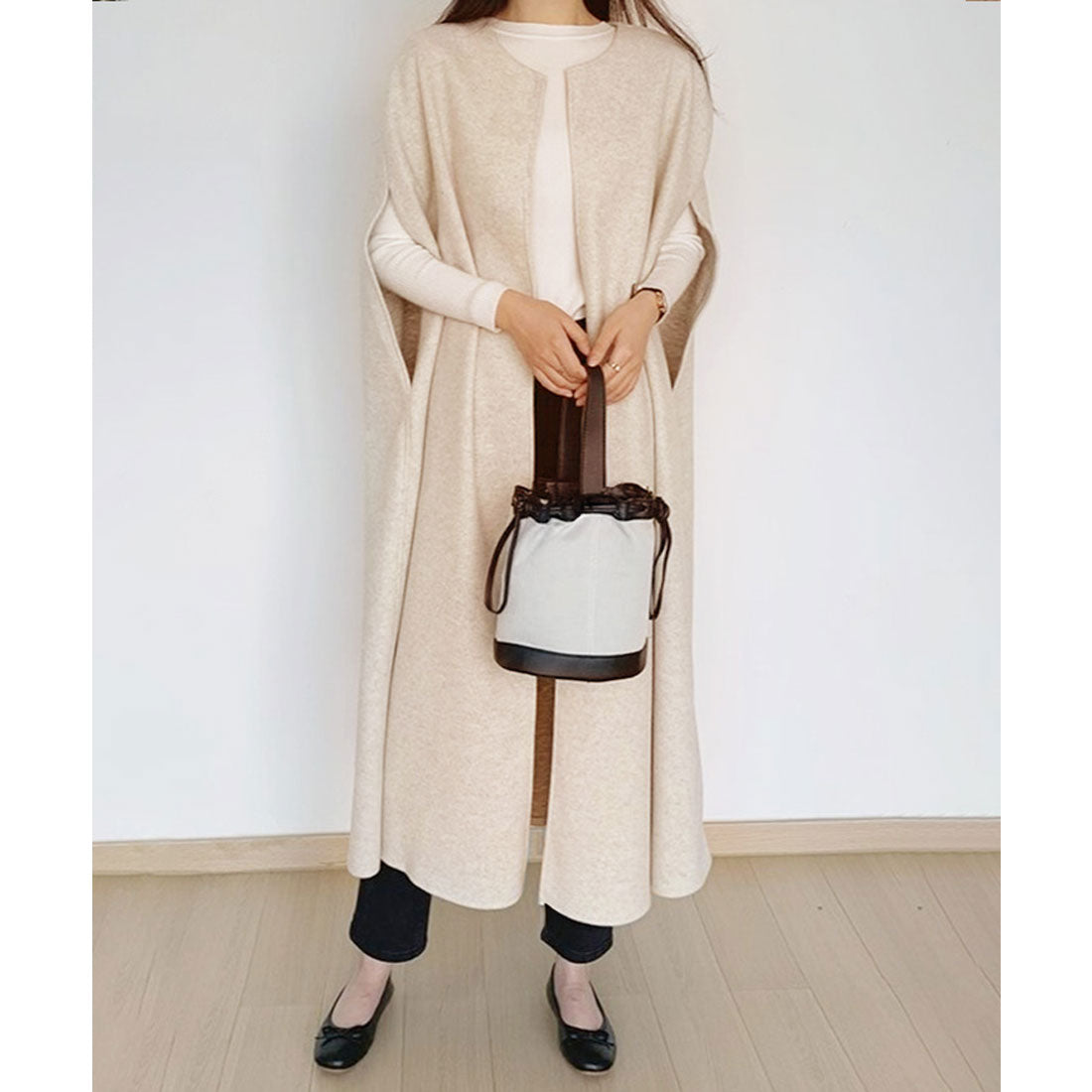 真實風格 REAL STYLE 披肩外套 女士 長款 秋冬春 薄款 大碼 無領 外套 優雅 保暖 斗篷 通勤 通學 上衣 披風