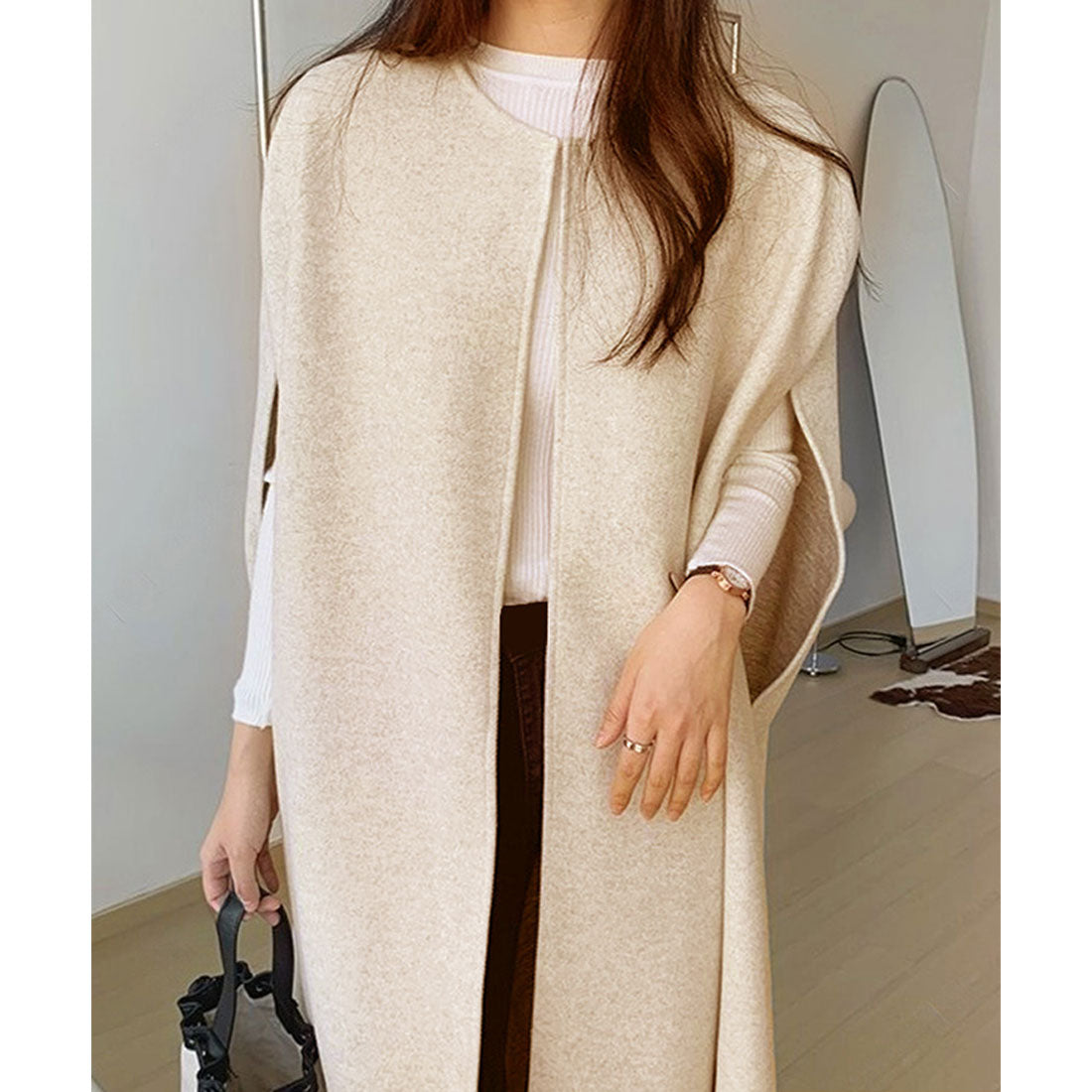 真實風格 REAL STYLE 披肩外套 女士 長款 秋冬春 薄款 大碼 無領 外套 優雅 保暖 斗篷 通勤 通學 上衣 披風