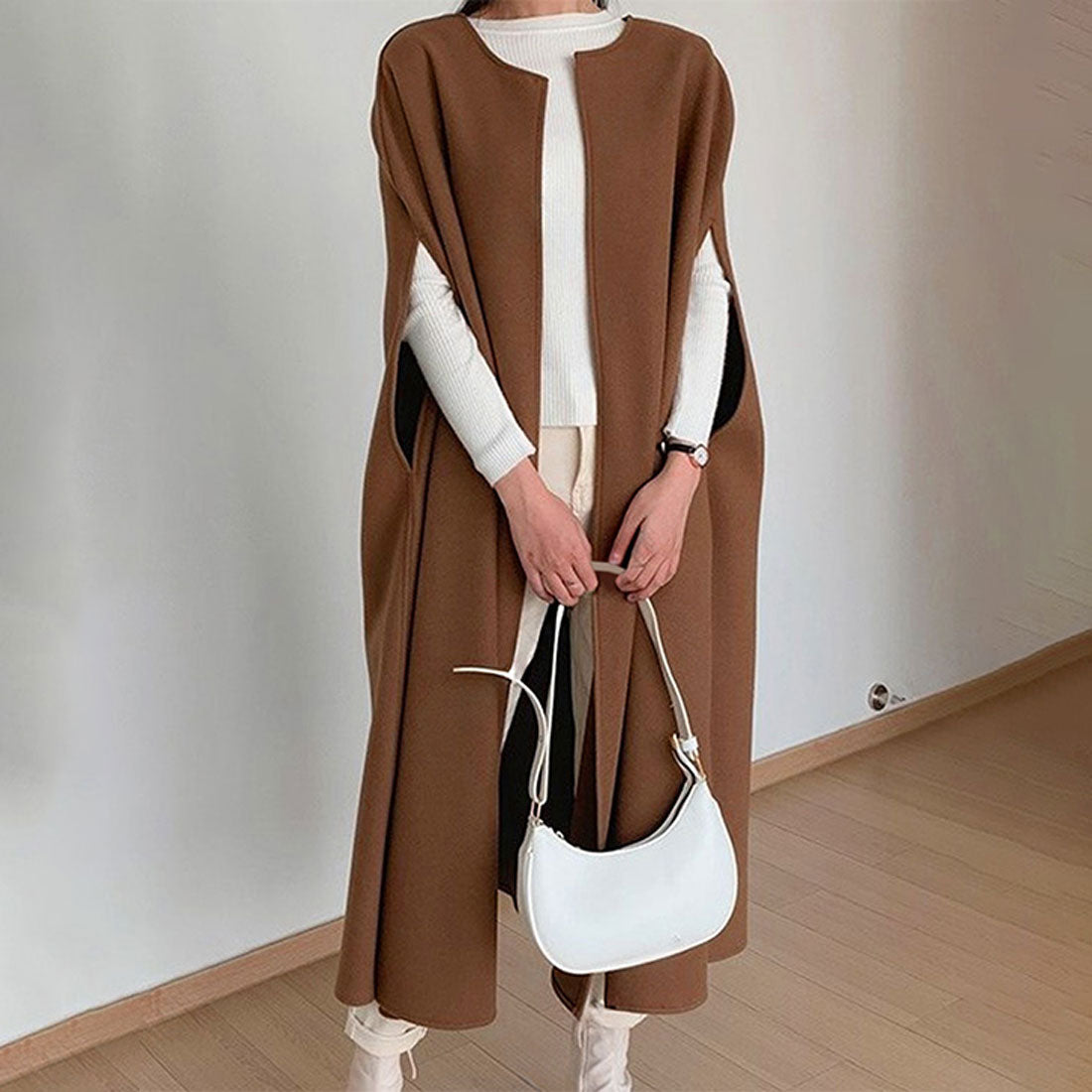 真實風格 REAL STYLE 披肩外套 女士 長款 秋冬春 薄款 大碼 無領 外套 優雅 保暖 斗篷 通勤 通學 上衣 披風
