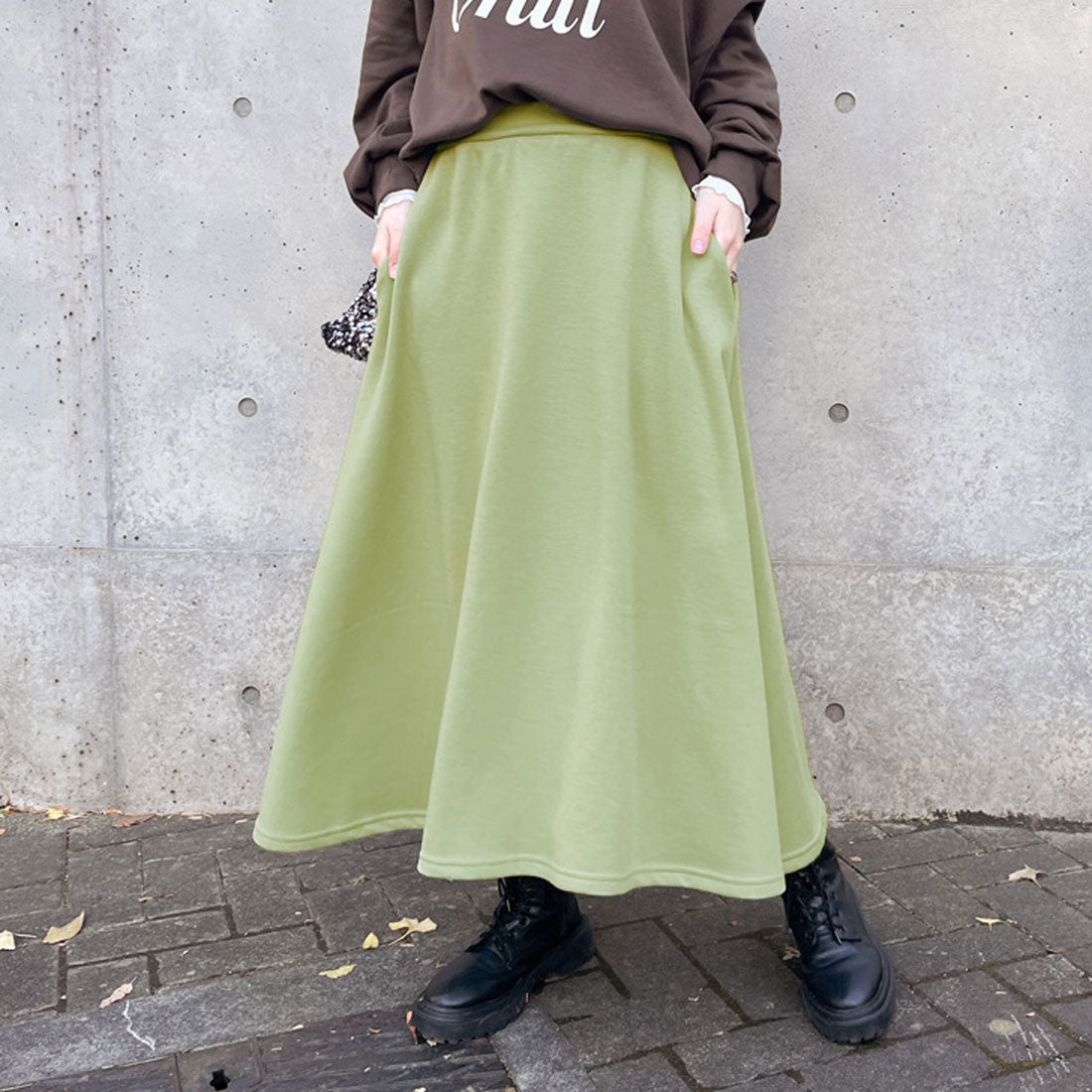 リアルスタイル REAL STYLE スカート レディース ロング 秋 冬 春 フレア ミモレ 裏起毛 スウェット ボトムス シンプル Aライン スエット ウエストゴム 通勤 通学 韓国ファッション チンチャコリア